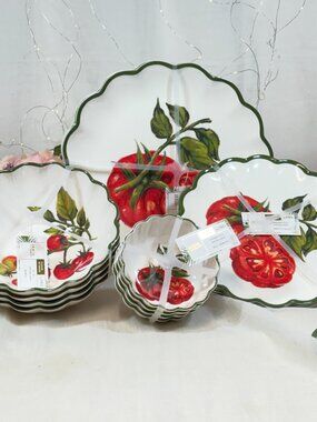 House & Garden Tomatoes Melamine 16 PC Dinnerware Dinner Salad Plates Bowls B